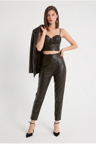 Cemo Deri İnce Askılı Büstiyer Crop Top Siyah