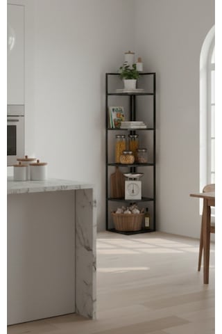 Ela 5 Raflı Metal Köşe Kitaplık Rafı Dekoratif Aksesuar Rafı 180 Cm Siyah - Çam