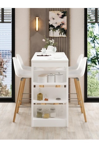 Shelfy Bar Raflı Yemek Masası Beyaz Beyaz