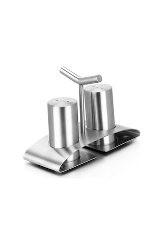 Mat Çelik 3 Parça Tuz Karabiber Standlı Baharatlık Set Cin971 Gri