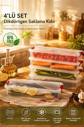 Porsima 455-4 4 Lü 2,3lt Kilitli Kapaklı Yiyecek Erzak Saklama Kabı Seti - Buzdolabı Düzenleyici Organizeri Şeffaf