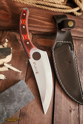 Outdoor Piknik Kamp Bıçağı Çakısı Kılıflı El Yapımı Verzalit Sap Kahverengi