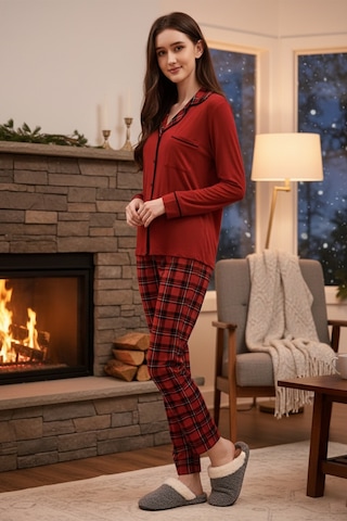 Remsa Kadın Ekose Desenli Önü Düğmeli Yumuşak Milan Kumaş Pijama Takımı 250352 Kırmızı Kırmızı