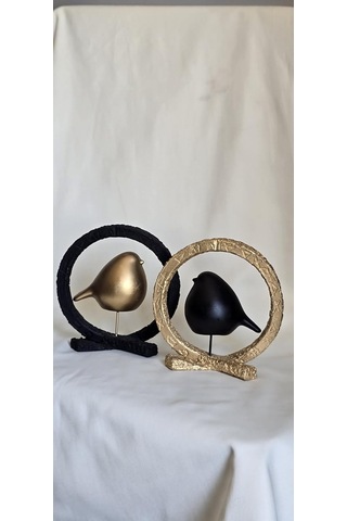 Kuş Biblo Modern Siyah Ve Gold Kombinli Halkalı Dekoratif Obje 2 Li Set Sanatsal Minimalist Masa Üstü Dekor Dayanık Diğer