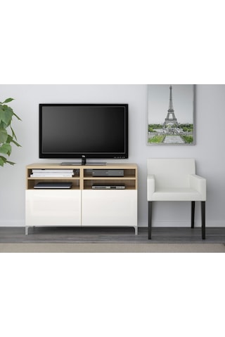 Tv Sehpası, Ağartılmış Meşe Görünümlü-parlak Cila-beyaz, 120x40x74 Cm, Selsvıken Beyaz
