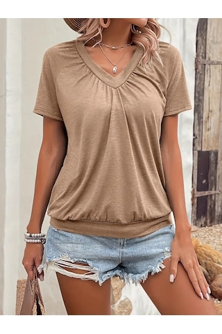 Kadın Kısa Kollu V Yakalı Büzgü Detaylı Viskon Bluz Bej