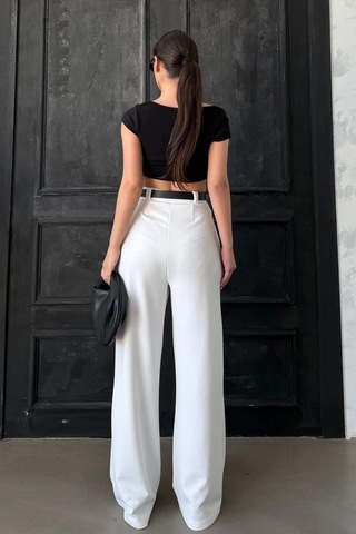 Madmext Beyaz Çift Pileli Kemerli Pantolon Mg2330 Beyaz