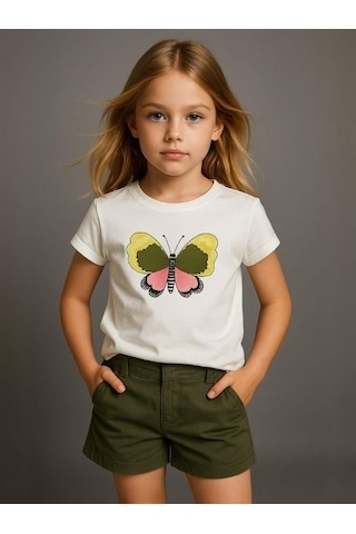 Nk Kids Kız Çocuk Kelebek Desenli T-shirt-15979 Ekru Ysl