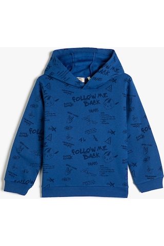 Koton Kapşonlu Sweatshirt Baskılı Uzun Kollu Şardonlu Mavi Desenli 4wkb10066tk 4WKB10066TK6D5 Mavi
