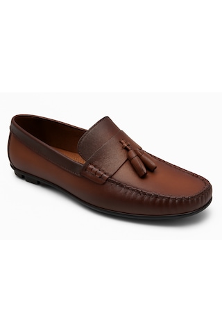 Growish Gr0175 Hakiki Yumuşak Deri Yanık Kahve Saraçlı Püsküllü Rok Erkek Loafer Babet Ayakkabı Koyu Kahverengi