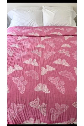 Kelebek Desen 4 Katlı Müslin Pike Yatak Örtüsü Battal Boy 240x260 Cm Pembe