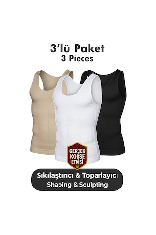 Elilom Erkek Korse Atlet 3'lü Paket Bel Göğüs Ve Göbek Bölgesi Destekli Beyaz/siyah/ten - 3 Adet