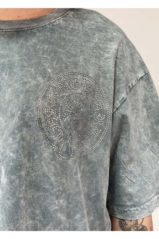 Zaee Vintage Washed Taşlı Oversize T-shirt Fırtına Gri