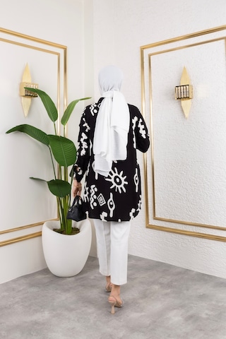 Hira Life Fashion Kadın Tesettür Giyim Ve Spor Giyime Uygun Düğme Detaylı Şık Desenli Dokuma Viskon Gömlek-tunik Siyah Siyah