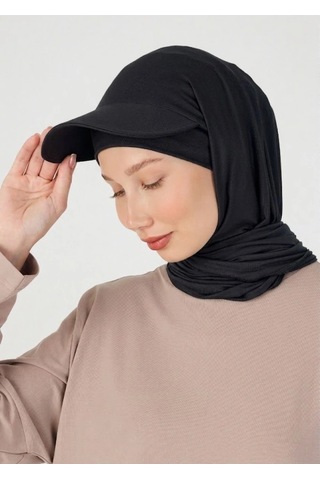 Butikgiz Kadın Siperlikli Boyun Kapatıcı Spor Rahat %100 Pamuklu Penye Tesettür Bone Siyah