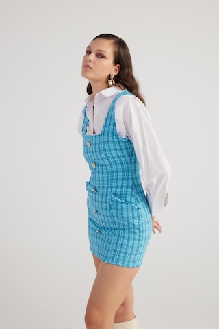 Holly Lolly Metal Düğme Detaylı Mini Tüvit Tweed Elbise Mavi