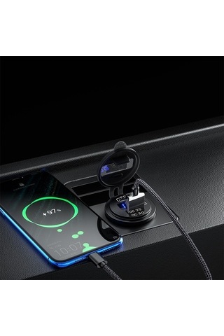 Novahub Gerilim Göstergeli Pd Qc3.0 Soketli 12v Modifiye Araç Usb Şarj Cihazı 60cm Yeşil Işıklı