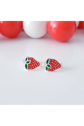 MAGRİB kırmızı çilekli gümüş çocuk küpesi