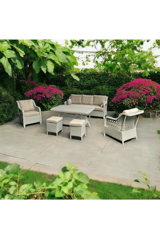 Tu Tienda Ronda Alüminyum 3 1 1 2puf Masa Rattan Bahçe Balkon Mobilyası,rattan Örgü/kumaş Renk Beyaz/vizon Vizon