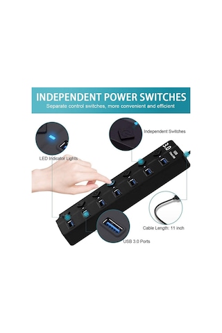 7 Port Usb 3.0 Çoklayıcı Hub 30cm Kablo 5gbps On Of Tuşlu Işıklı 7ports Usbhub