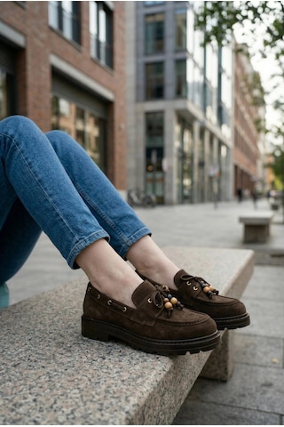 Efw Kadın Yüksek Kaymaz Taban Kahve Süet Boncuklu Bağcıklı Loafer Oxford Ayakkabı