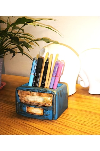 Artepieza Retro Radyo Sukulent Saksısı Ve Kalemlik - Masaüstü Dekoratif Organizer Petrol Mavisi 12 8 12cm
