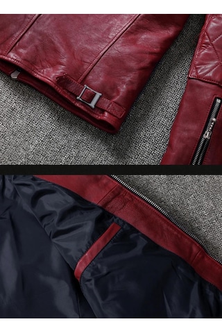 Nyc Giyim Tekstil & Deri Vintage Motosiklet Şarap Kırmızı Renk Hakiki Deri Mont Bordo