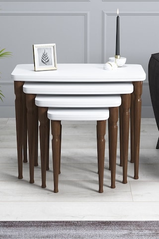 Imaj Mdf Ve Lake Boya, Beyaz 4lü Zigon Sehpa Takımı, Ceviz Gürgen Ayaklar Beyaz