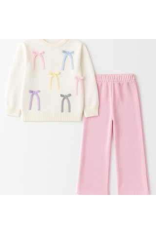 Kız Çocuk Aplike Fiyonk Detaylı Triko Alt Üst Takım 2 Parçalı Takım Fiyonk