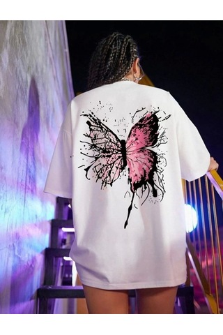 Wear Vexel Kadın Tişört Kelebek Baskılı Oversize Kısa Kol T-shirt - Beyaz Beyaz