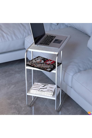 Modilayn C Yan Sehpa Dar Boy Tekerlekli Çalışma, Atıştırmalık, Yemek, Laptop Sehpası Çiçekli Beyaz Beyaz
