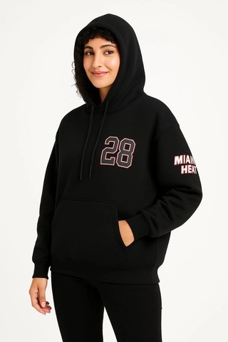 Primemagazam Kadın 3 İplik Pamuklu Kapüşonlu Kanguru Cepli Baskılı Hoodie Sweatshirt - Siyah Çeşitli