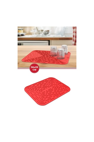 Bulaşık Kurutma Matı, Bulaşıklık - Su Toplamaz Silikon Bulaşık Altlığı Orta Boy 36x25 Cm Kırmızı