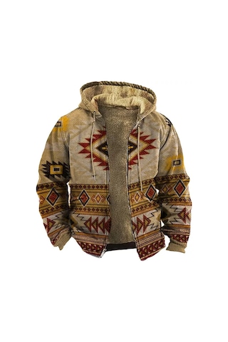 Erkek Kadife Kalın Fermuarlı Baskılı Hırka Ceket Kahverengi