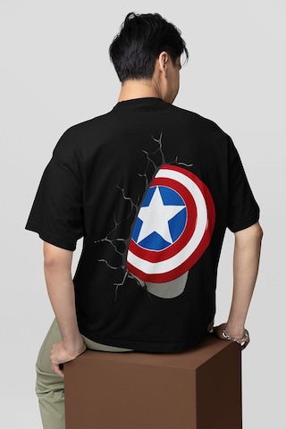 Kaptan Amerika Kalkan Baskılı Unisex Oversize Avengers Marvel Tiş Siyah