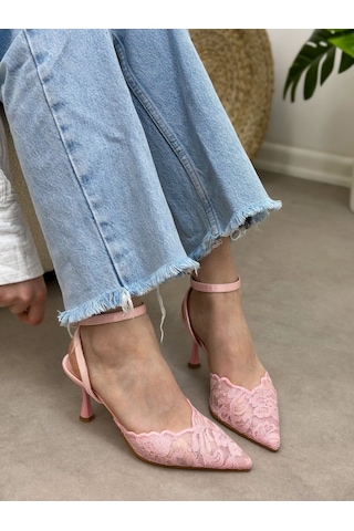 Ervanın Butiği Şeker Pembe Dantel Vusuel Nakışlı Arka Bant Detaylı Kadın Stiletto-6250