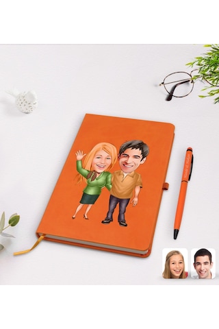 Kişiye Özel Sevgililer Karikatürlü Turuncu Termo Deri Defter Kale N11.2255