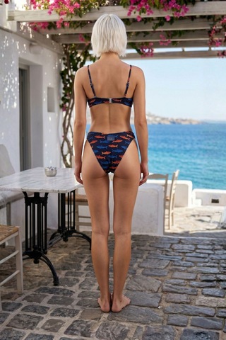 Lespadon Akdeniz Suları Mavi & Kehribar Balık Desenli Premium Üçgen Bikini Altı-3496