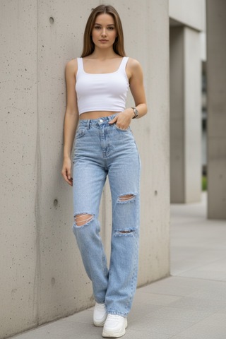 Woddi Bella Taş Salaş Dizi Yırtık Rahat Kesim Palazzo Jeans Kot Pantolon