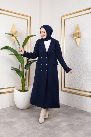 Hb Harma Time Butik Kadın Astarlı Düğmeli Cepli Uzun Lacivert Kaşe Kaban