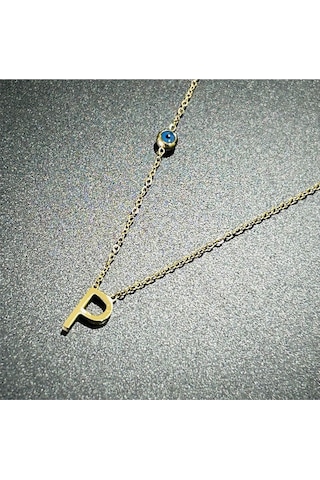 P Harfli, Nazar Figürlü, Paslanmaz Çelik Kolye 283, Altın Renk Altın