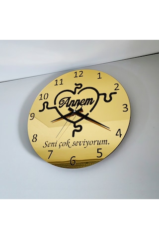 Anneler İçin Gold Aynalı Duvar Saati Seni Çok Seviyorum Annem Yazılı Hediye Altın
