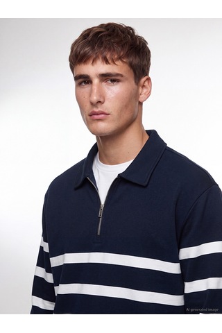 Lcw Vision Lacivert Polo Yaka Çizgili Erkek Sweatshirt