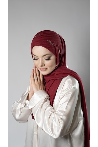 Hürrem Bone Bordo Pratik Hazır Geçmeli Tesettür Şal Örme Kumaş Taşlı Yıldız Desenli 2118y 16