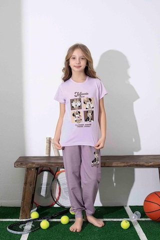 Kız Çocuk Mini Desenli Lila Pijama Takımı-1313 Lila