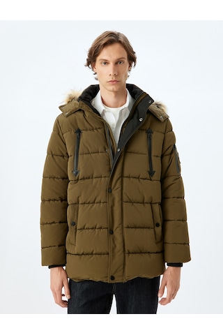 Koton Şişme Mont Suni Kürklü Kapşonlu Etiket Detaylı Slim Fit Fermuarlı Yeşil 5wam00006hw Yeşil