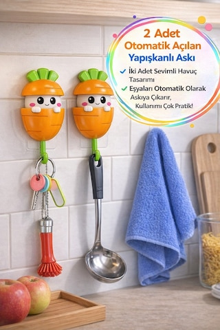 2 Li Havuç Askı Otomatik Açılan Yapışkanlı Duvar Askısı Anahtar Havlu Tutucu Organizer Diğer