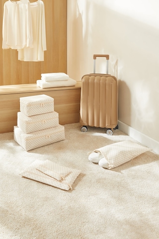 Ocean Home Textile 6'lı Yıkanabilir Bej Dama Desen Pamuklu Bavul İçi Düzenleyici Set Bej