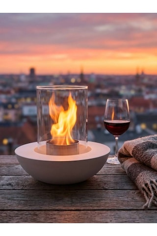 Dekoratif Masaüstü Şömine - Beyaz Camlı Bioetanol Şömine - Modern Ev Ve Balkon Dekorasyonu
