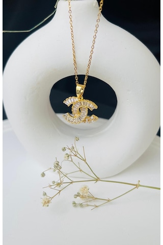 Zirkon Taşlı Su Yolu Model Marka Chanel Çelik Kolye Altın - Gümüş